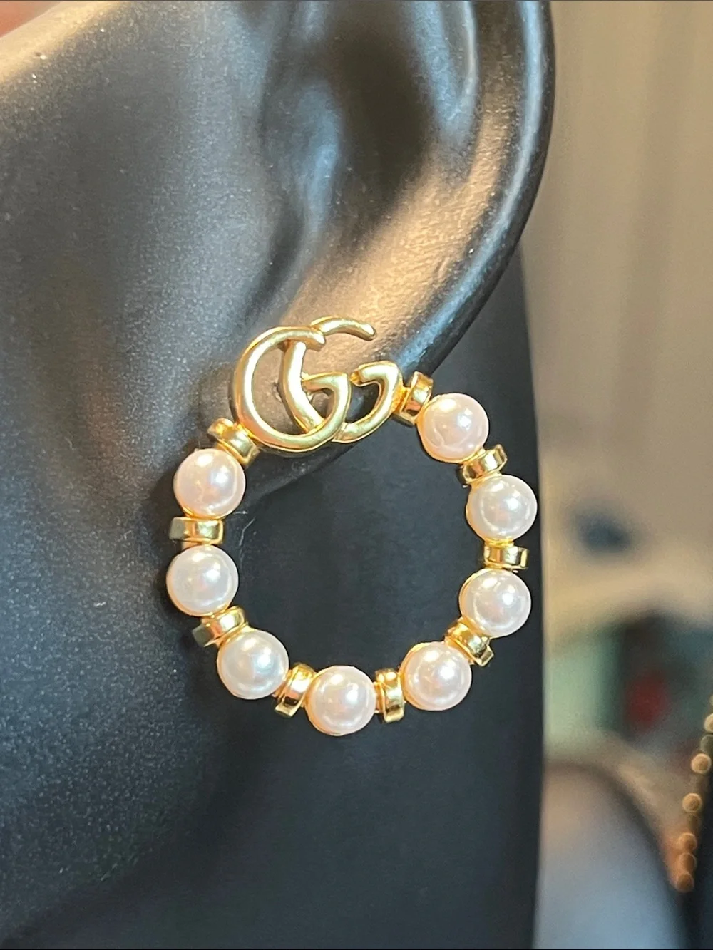 Gold Pearl Hoop Drop Earrings with Interlocking Double G Accent